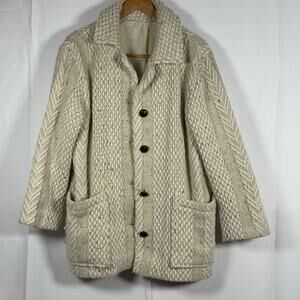 Branigan Weavers Ireland Wool Coat Aran Knit Cardigan Jacket Cream XL